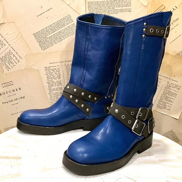 Free People We The Free Janey Engineer Boot Turkish Sea Blue Brown Trim - Picture 9 of 11